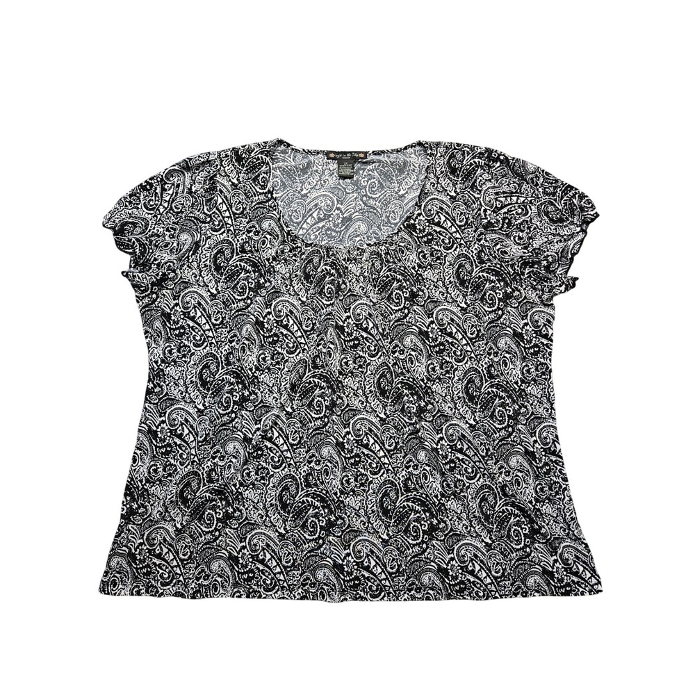 Suzie in the City Woman 2X‎ Paisley Top Black White Short Sleeve Blouse 57468